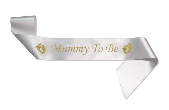 HerbyDesigns Deluxe Mummy To Be Sash - White Sash with Gold Glitter