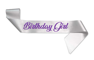 HerbyDesigns Deluxe Birthday Girl Glitter Sash White / Purple 18th 21st Birthday Party