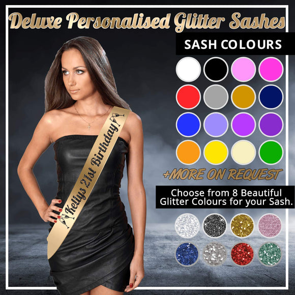 Deluxe Personalised Glitter Sash, Perfect for Birthday Party, Stag and Hen Parties