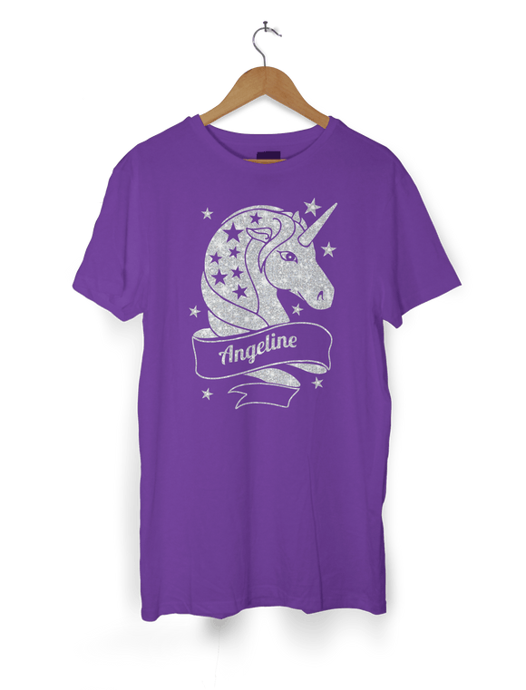 HerbyDesigns Girls Personalised Glitter Unicorn T-Shirt, Beautiful Glittery Print