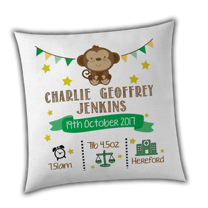 Personalised Boy Monkey Birth / Christening Cushion Cover - Unique Gift