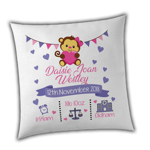 Personalised Girl Monkey Birth / Christening Cushion Cover - Unique Gift