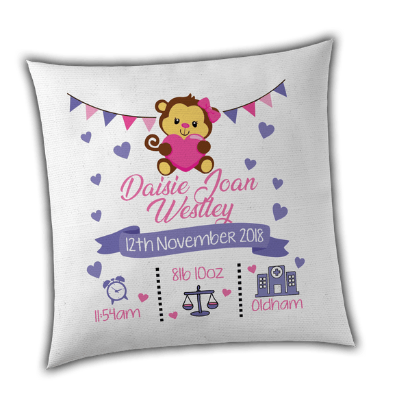 Personalised Girl Monkey Birth / Christening Cushion Cover - Unique Gift