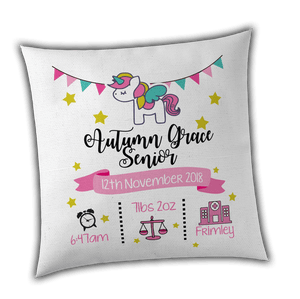 Personalised Unicorn Birth / Christening Cushion Cover - Unique Gift