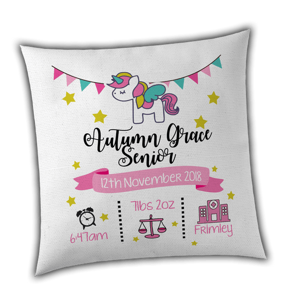 Personalised Unicorn Birth / Christening Cushion Cover - Unique Gift